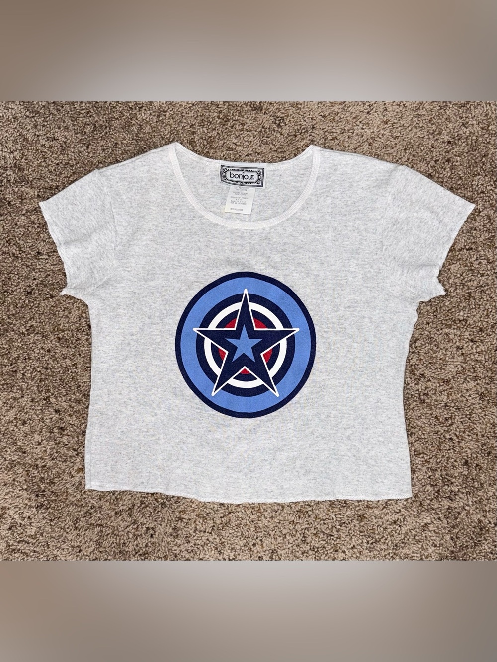Vintage Bonjour Captain America Shield Cropped Gray Baby Tee!